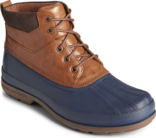 Lace-up ankle boot, navy rubber foot, brown leather upper.