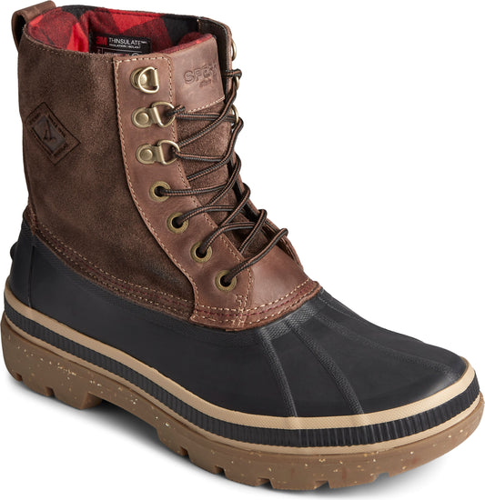 Mid-calf lace-up boot with brown suede and leather upper, black rubber lower, and brown sole.