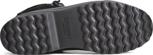 Close-up of a shoe sole with deep, wavy treads and 'SPERRY' text in the center.