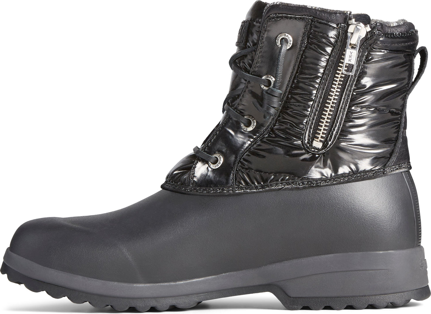 A women's black waterproof ankle boot with a zippered side and laced front.
