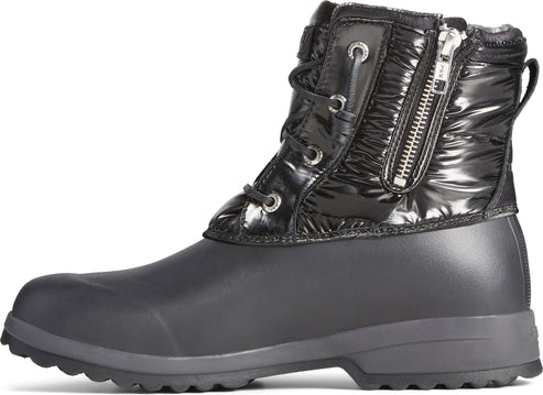 A women's black waterproof ankle boot with a zippered side and laced front.