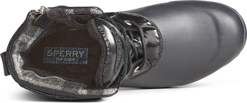 A close-up shot of a black rainboot showcasing the inner lining.