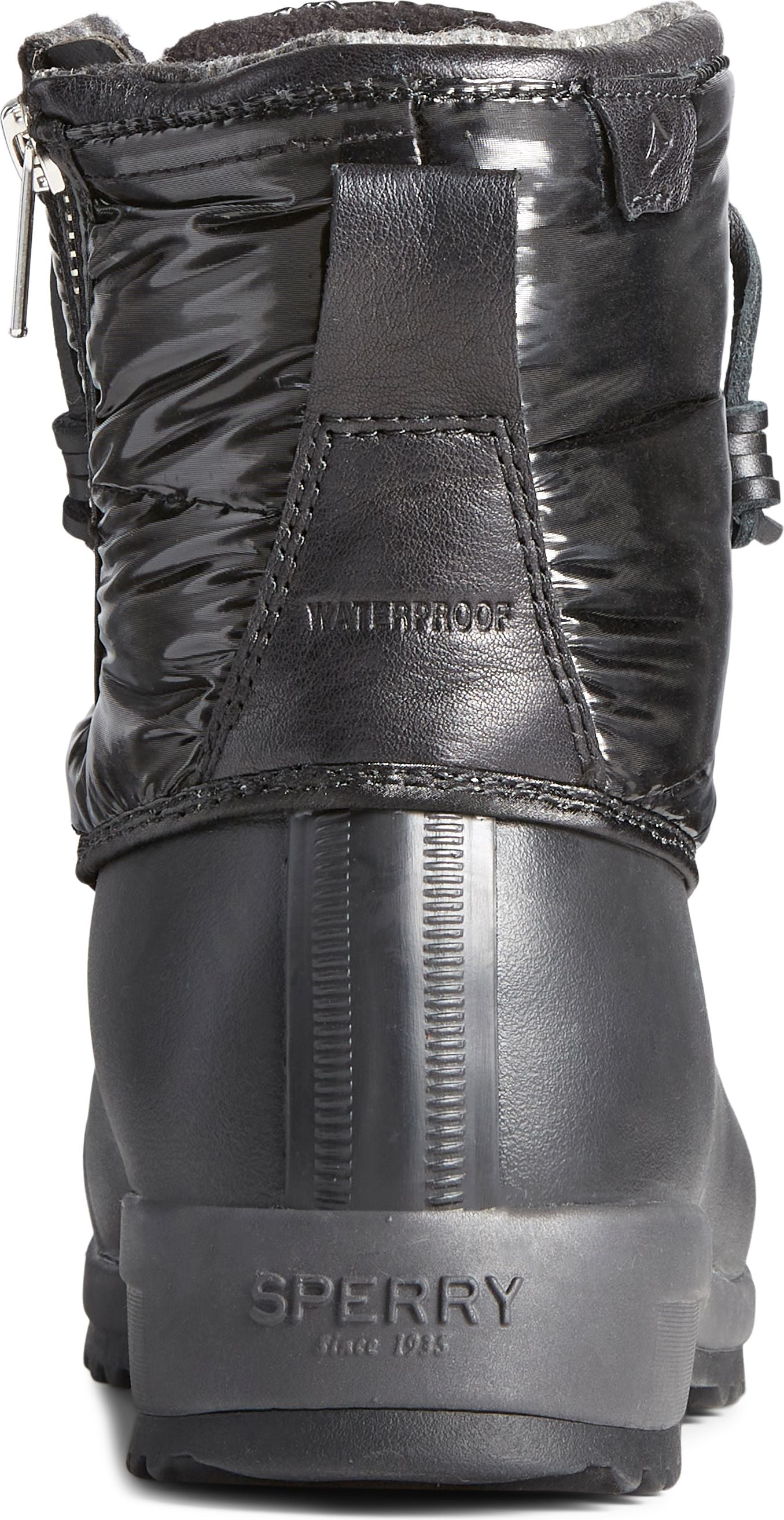 Back view of black waterproof winter boot with side zipper, quilted shaft, and rubber sole.