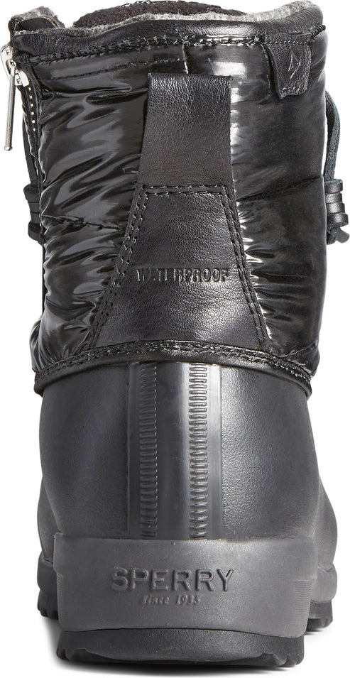 Back view of black waterproof winter boot with side zipper, quilted shaft, and rubber sole.