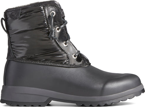 A short black boot with a glossy upper section that is padded with horizontal stitching and lace-up closure; the lower section is a matte, dark tone.