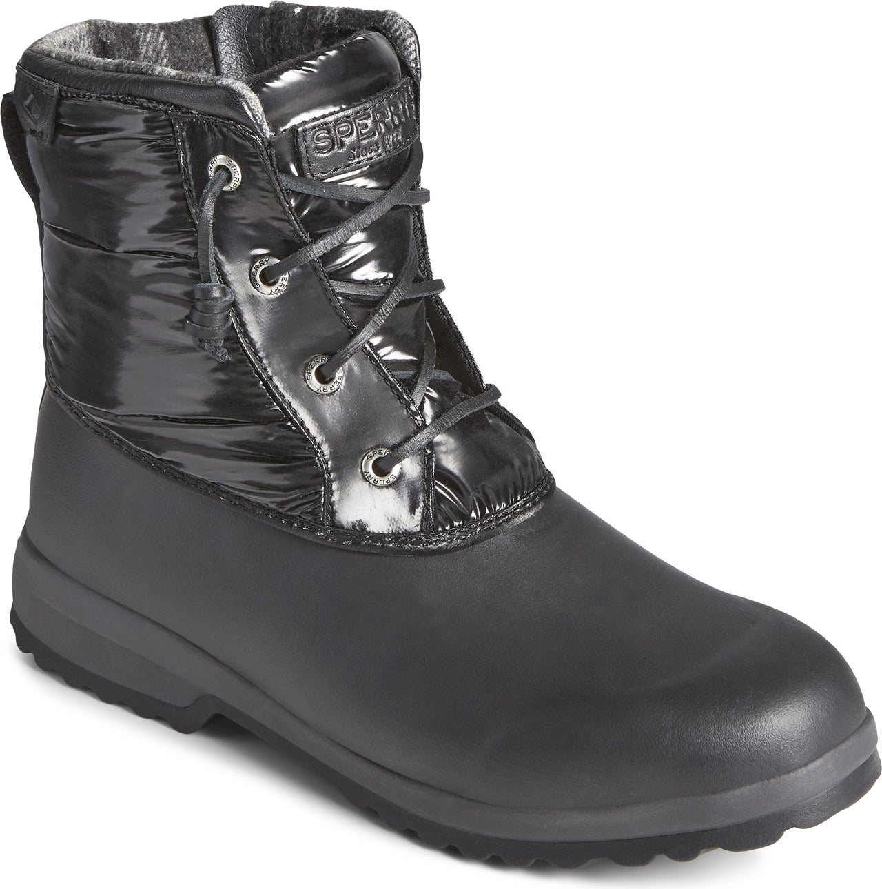 Black snow boot with lace-up closure and glossy quilted upper.