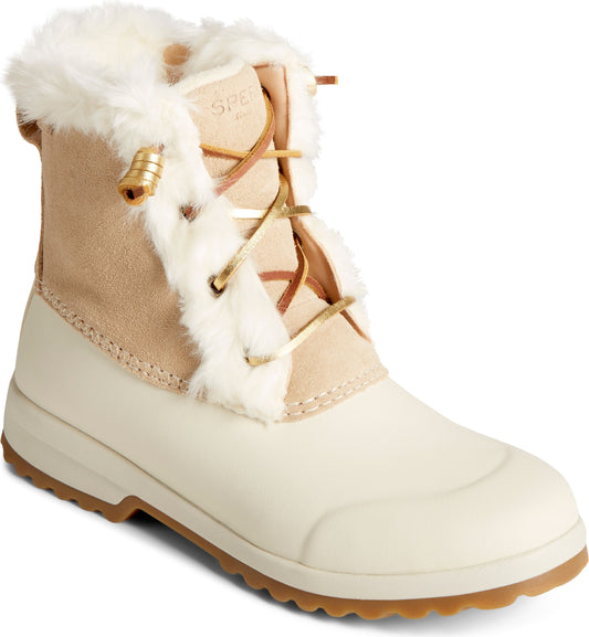 An ankle-height, beige and white duck boot with faux fur trim and gold colored laces.