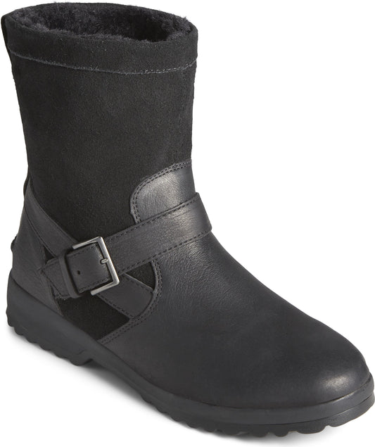 Black mid-calf boot with buckle detail and faux fur lining.