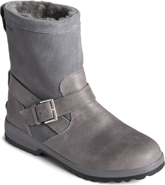 A gray ankle-high boot with buckle strap.