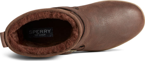 A brown ankle boot with a fuzzy interior and buckle.