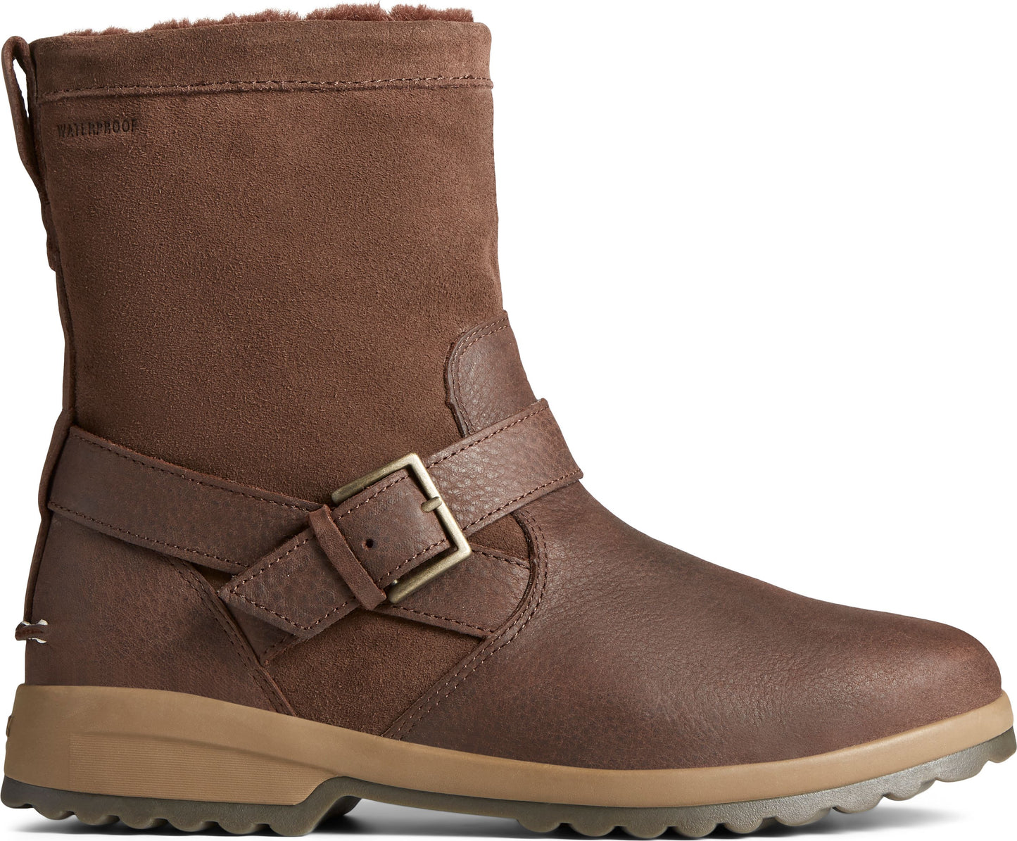 Brown waterproof mid-calf boot with suede shaft and leather-like lower, side buckle, and lug sole.