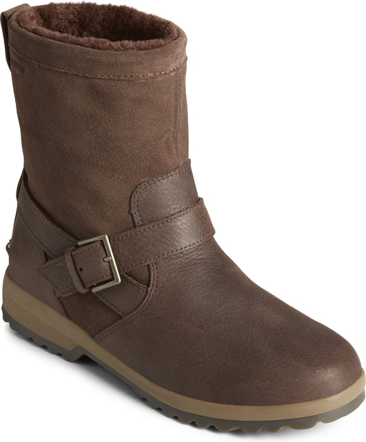 Brown boot with buckle and fur lining.