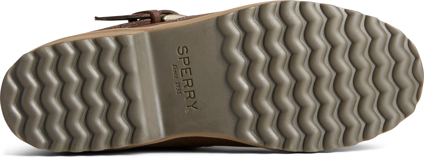 Sperry shoe bottom with wave patterned tread.