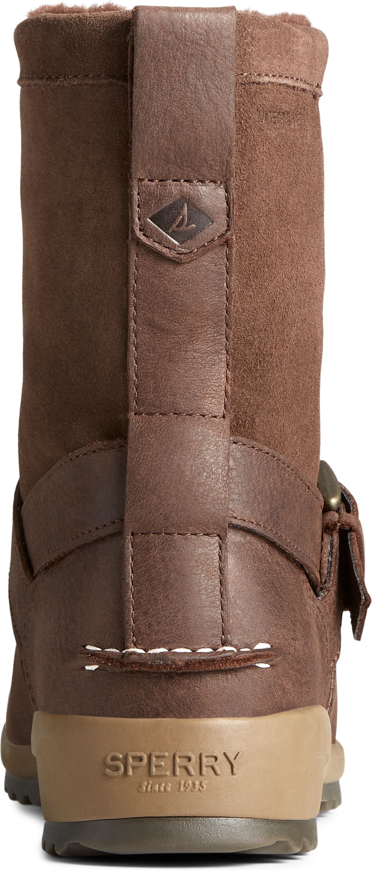 Rear view of a brown boot with a buckle.