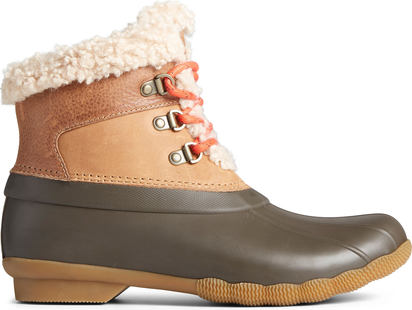 Duck-toe boot with rubber lower, tan leather upper with Sherpa collar, and orange laces.