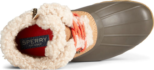 Closeup of duck boot with faux fur lining.