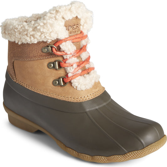 Ankle-high duck boot with brown rubber lower, brown and tan upper, orange laces, and faux fur collar.