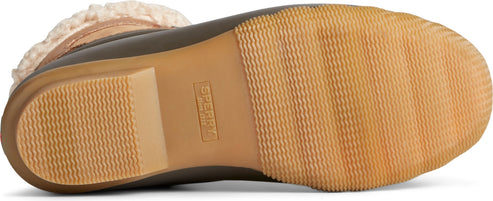 sole of a brown duck boot with a heavily grooved tread