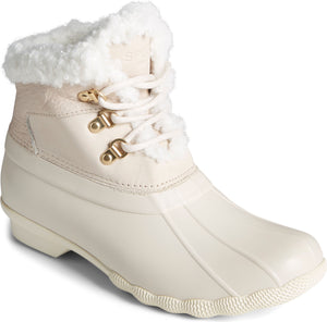White duck boot with lace-up closure and white fur trim.