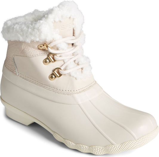 White duck boot with lace-up closure and white fur trim.