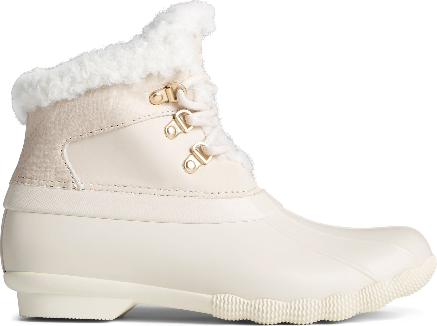 Ankle-high, off-white duck boot with faux fur collar and decorative gold eyelets.