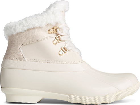 Ankle-high, off-white duck boot with faux fur collar and decorative gold eyelets.