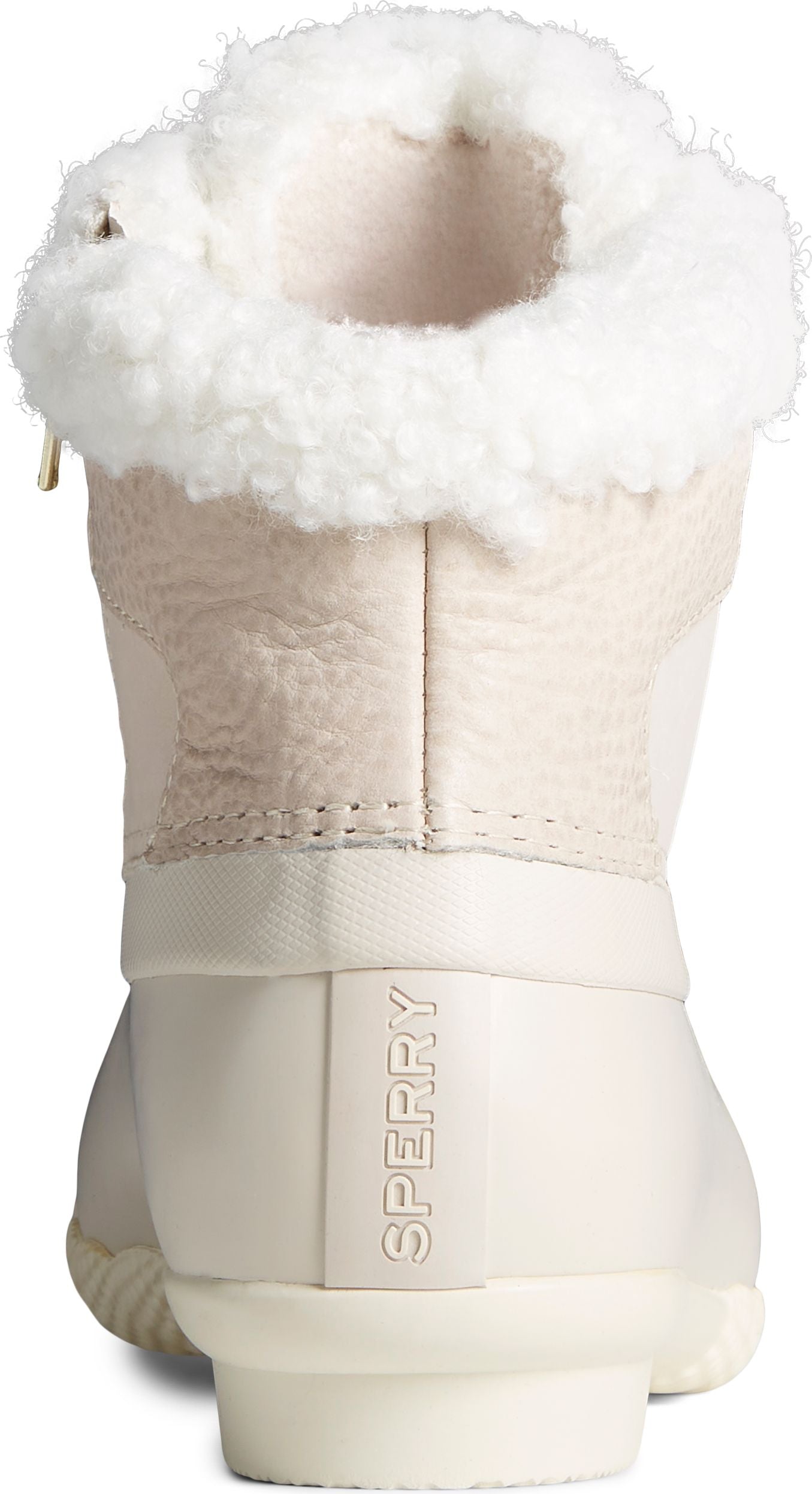 Rear view of a winter boot in a light cream color, featuring a sherpa lining and the word "SPERRY" vertically along the heel.