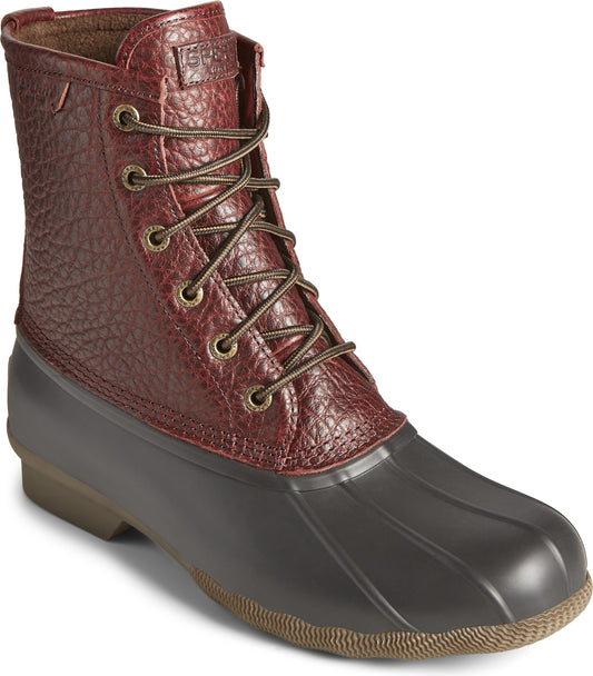 Maroon and gray duck boot with leather laces and bronze grommets.