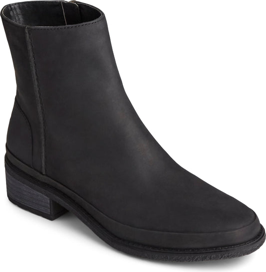 Black ankle boot with a low block heel and a zipper closure.