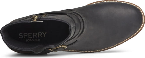 Top-down view of a black ankle boot with a side buckle and a logo reading "SPERRY TOP-SIDER" on the inner sole.