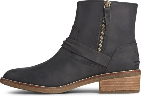 Black ankle boot with side zipper and strap detail.