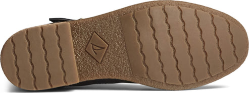 A light brown shoe sole with a logo on it, and waves on the bottom.