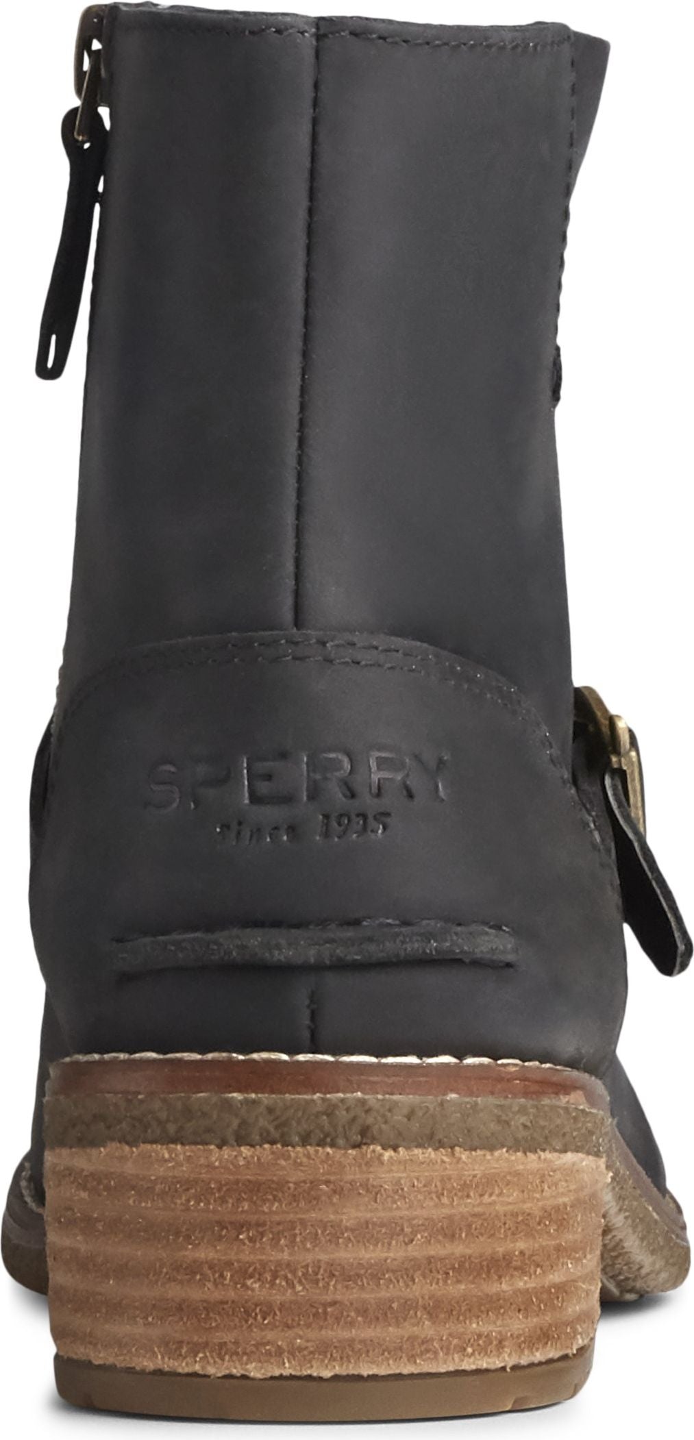 Rear view of a black boot with a brown stacked heel, featuring a side buckle and zipper closure.