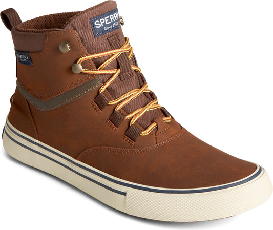 Brown high-top sneaker boot with gold laces, a white sole, and a Sperry logo.