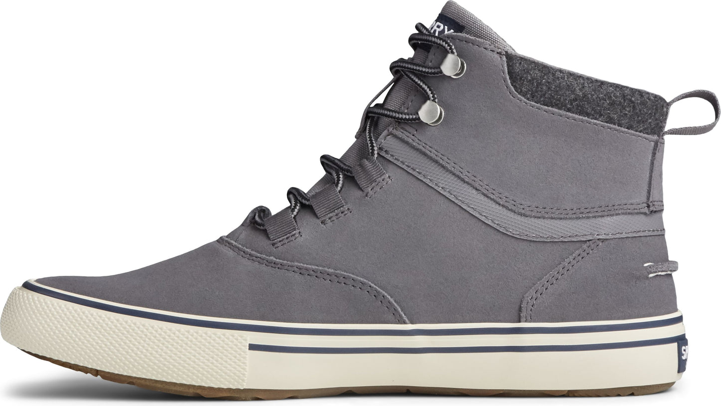A grey high-top shoe with a gray felt cuff, laced with gray and black cords.