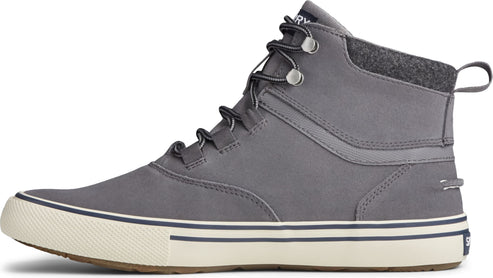 A grey high-top shoe with a gray felt cuff, laced with gray and black cords.
