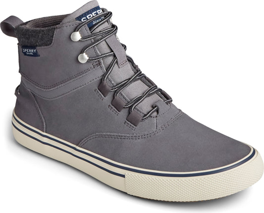 Grey high-top sneaker with wool-like collar, metal eyelets, and striped sole.