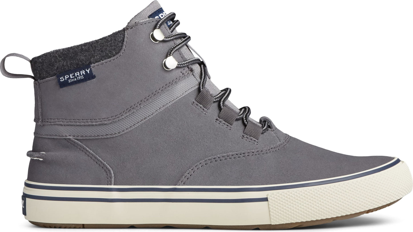 Gray high top shoe with off white sole and gray laces