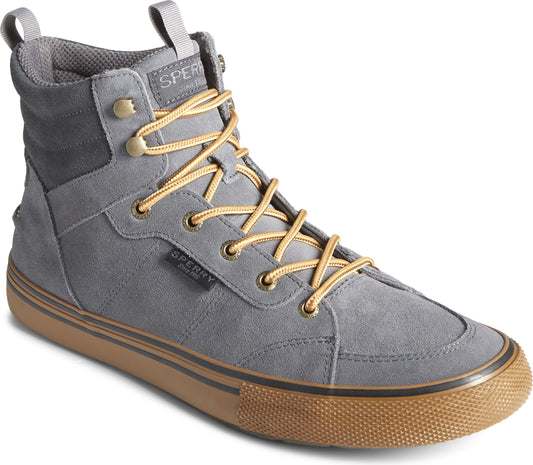 Gray suede high-top shoe with gold laces and brown sole.