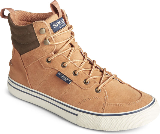 Tan high top sneaker with blue stripes, lace-up closure, and visible 'SPERRY' logo.