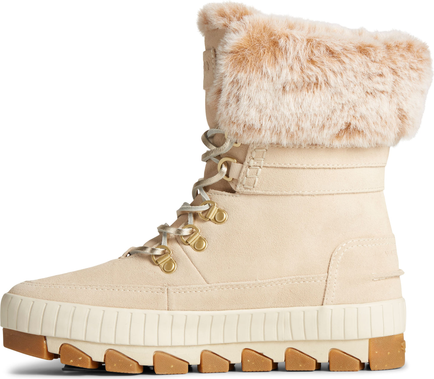 Beige suede boot with faux fur trim and gold hardware.