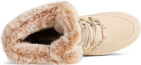 Tan color snow boot with faux fur lining.