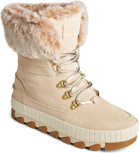Beige ankle boot with faux fur trim and metallic laces.