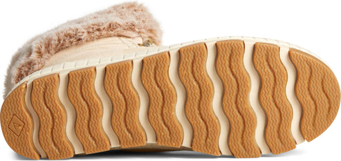 Angled view of a boot showcasing the sole with wavy, beige and brown tread, topped with beige fur trim.