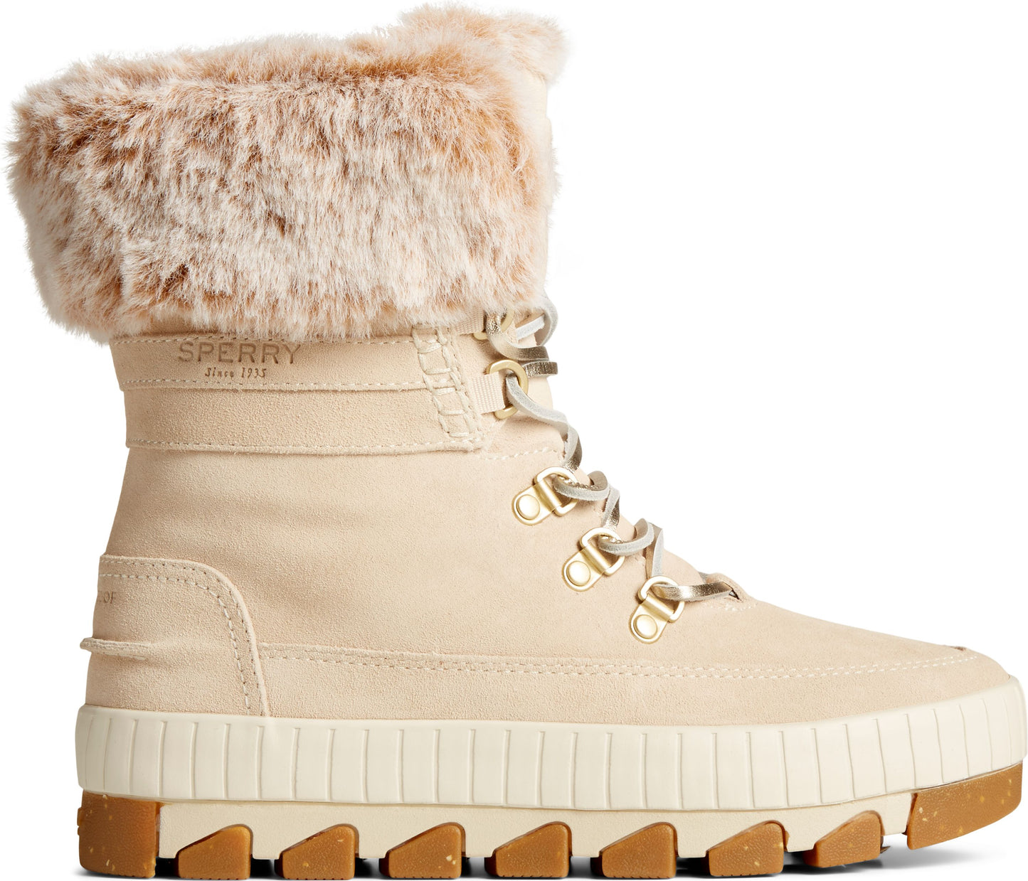 Beige ankle boot with a platform sole, lace-up closure with metallic eyelets, and a faux fur-lined upper.