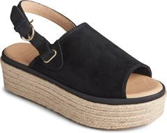 Black platform sandal with an adjustable ankle strap and open toe