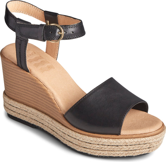Black leather wedge sandal with ankle strap and espadrille sole.