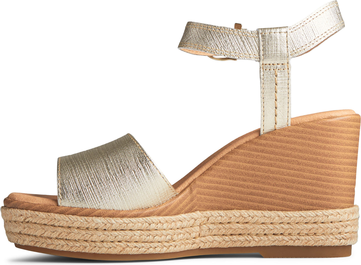 Gold espadrille platform wedge sandal with ankle strap.
