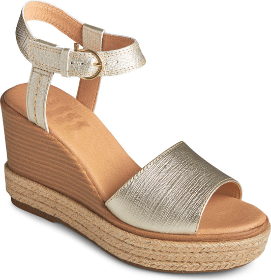 A women's gold-colored wedge sandal with an ankle strap and a jute-wrapped sole.