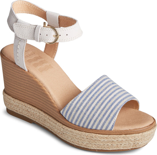 White and blue striped wedge sandal with ankle strap and rope-covered platform.